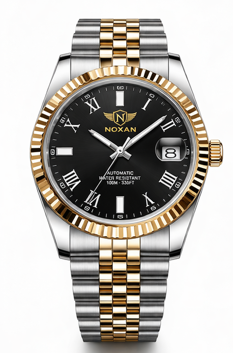 Black Luxury Dial Watch With Stylish Gold And Stainless Steel Strap For Men